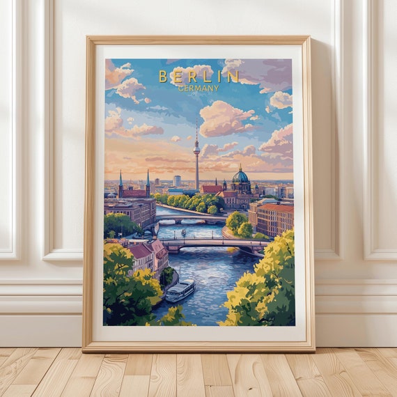 Berlin Germany Travel Poster River Cityscape Wall Art With Tv Tower And Cathedral Illustration Print Decor