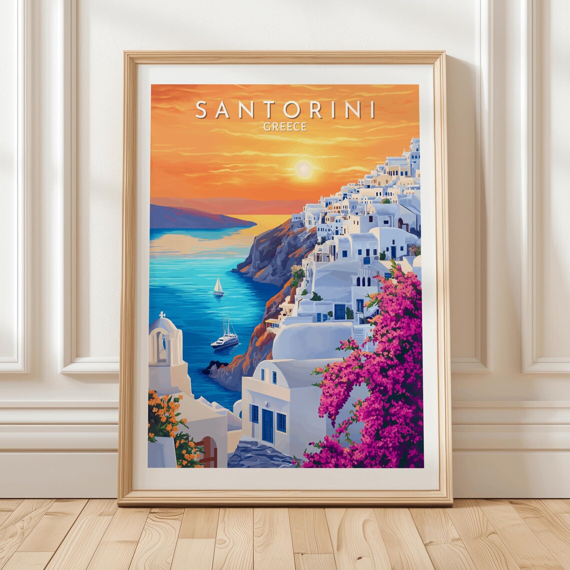 Santorini Greece Orange Sunset Caldera Sailboats Travel Poster