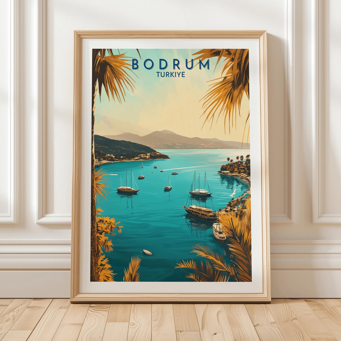 Bodrum Turkiye Turquoise Bay Sailboats Palm Vintage Travel Poster