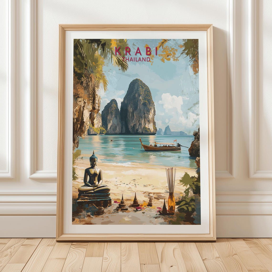 Krabi Thailand Beach Buddha Statue Limestone Cliffs Travel Poster