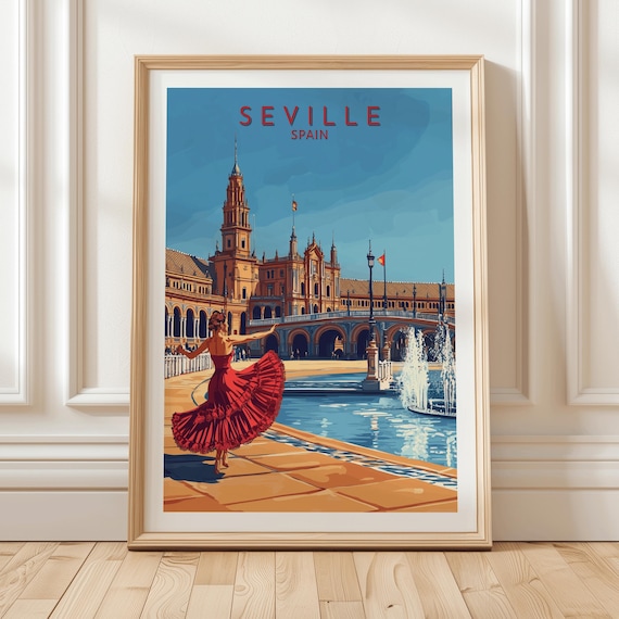 Seville Spain Travel Poster with Flamenco Dancer at Plaza de Espana