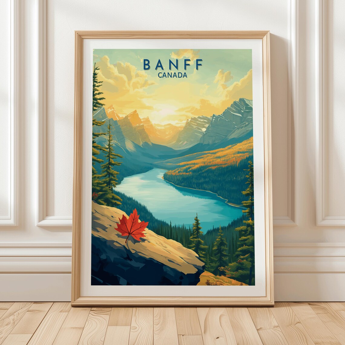Banff Canada Sunset Travel Poster Golden Peaks Turquoise Lake Leaf