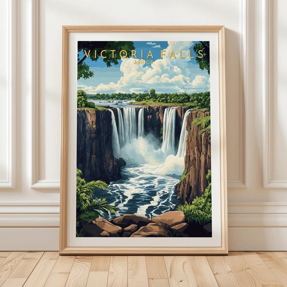 Victoria Falls Africa Wall Art Print With Majestic Waterfall Scene Lush Jungle Cliff Landscape Poster For Nature Inspired Home Decor Gift