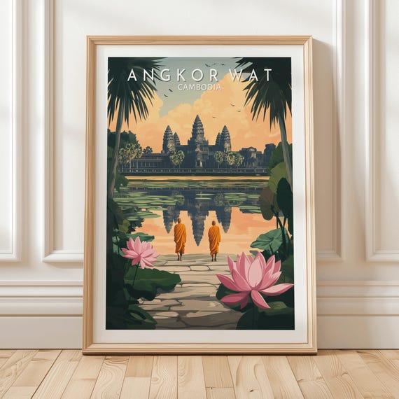 Angkor Wat Cambodia Travel Poster Featuring Buddhist Monks Flowers And Temple Reflection At Sunrise Wall Art Print Unique