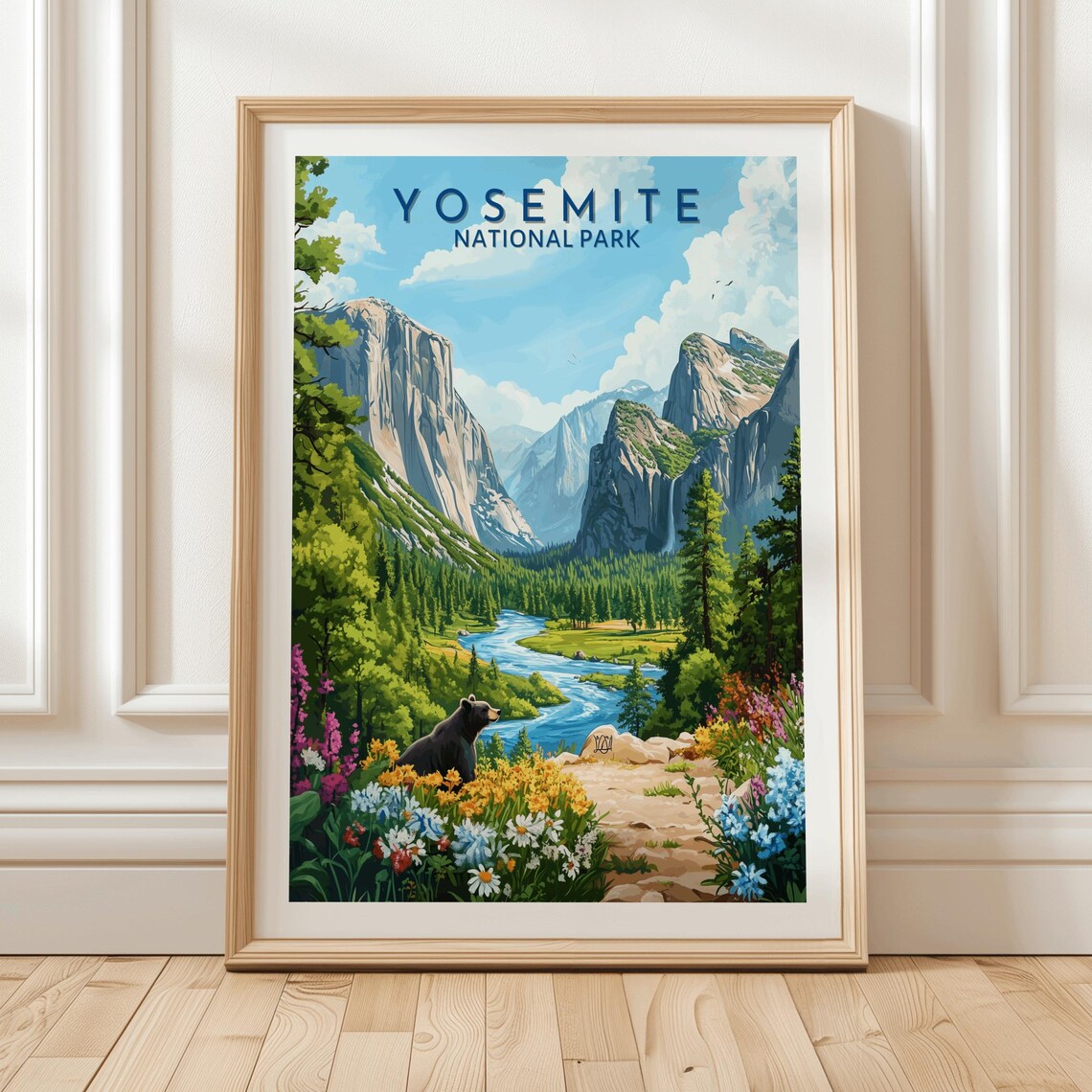 Yosemite National Park Bear Wildflowers El Capitan Valley Travel Poster