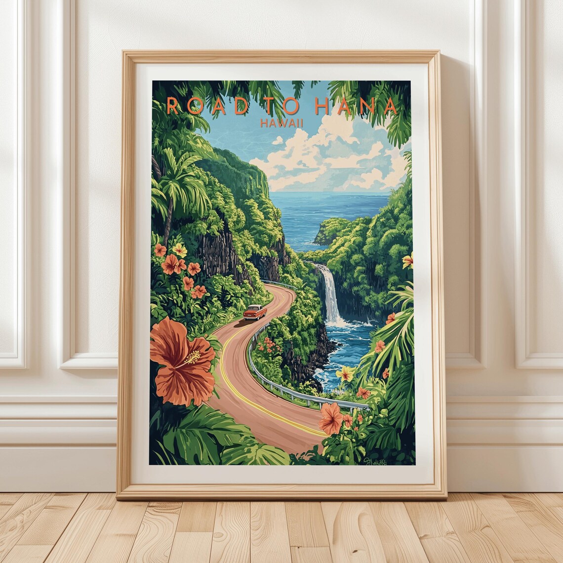 Road To Hana Hawaii Travel Poster, Jungle Waterfall