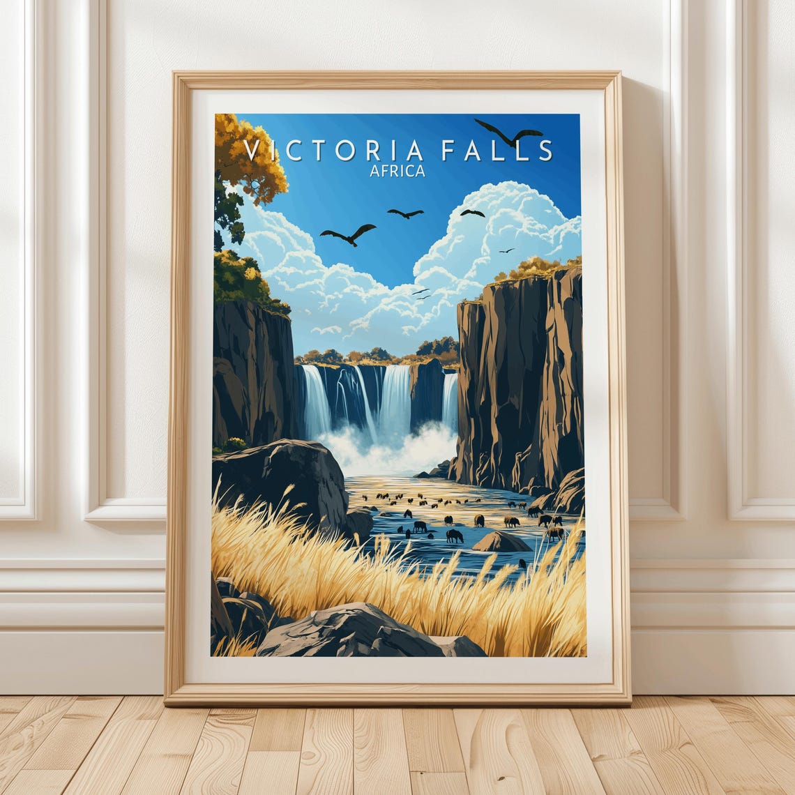 Victoria Falls Africa Waterfall With Elephant Herd River Scene Poster