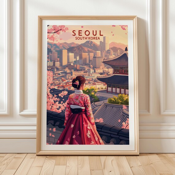 Seoul South Korea Travel Poster, Hanbok Skyline View