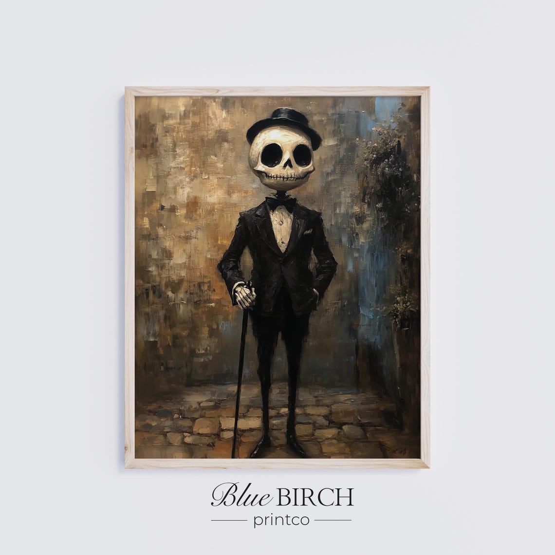 Moody Skeleton Gentleman Art Halloween Wall Decor Dapper With Cane Rustic Gothic Skull Painting 63