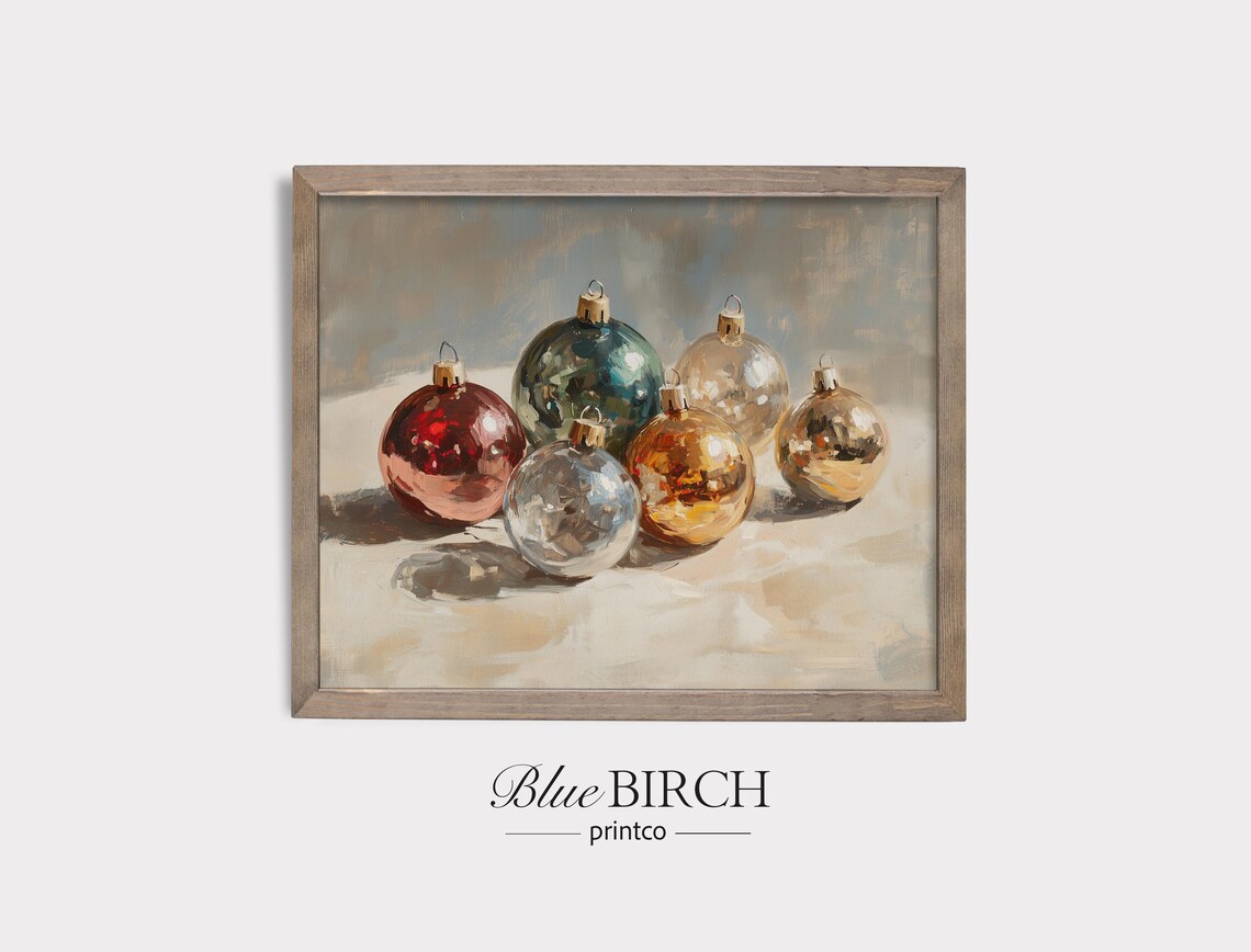 Glass Christmas Ornaments Still Life In Red Gold Silver Oil Painting Poster