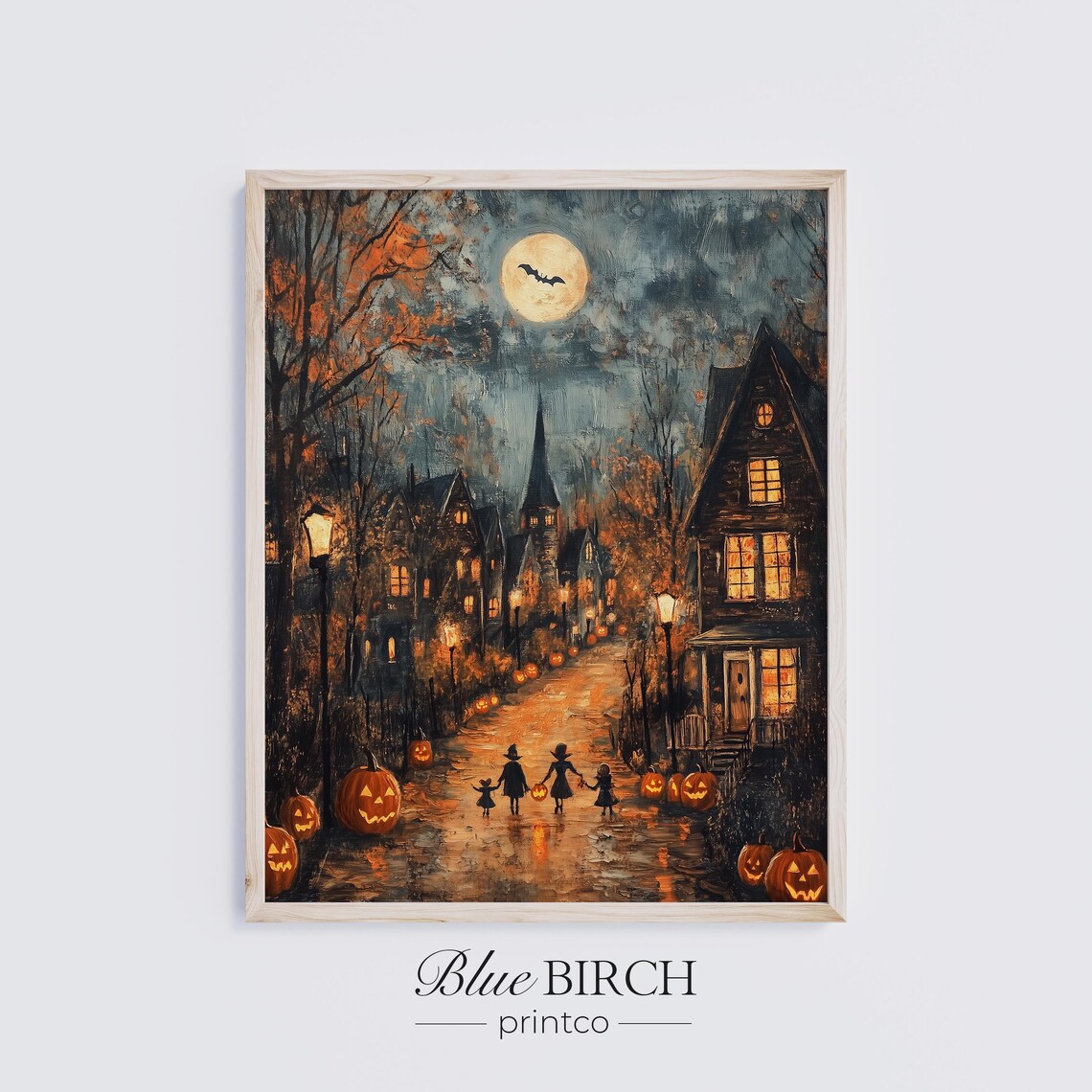 Spooky Halloween Town Night Full Moon Pumpkins Vintage Oil Wall Art