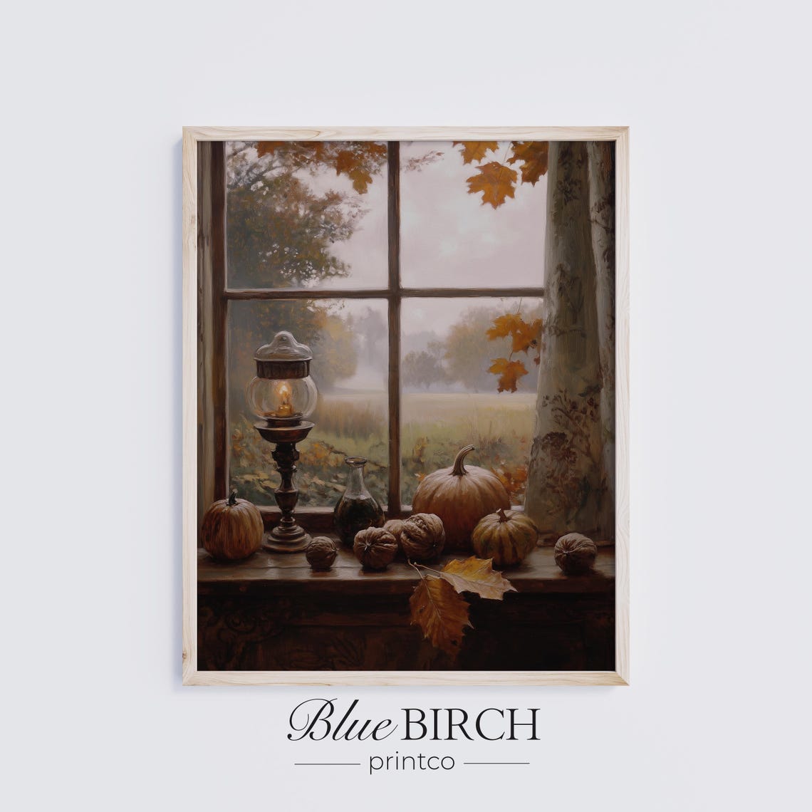 Cozy Autumn Window Still Life Lamp Pumpkins Rustic Fall Decor Poster