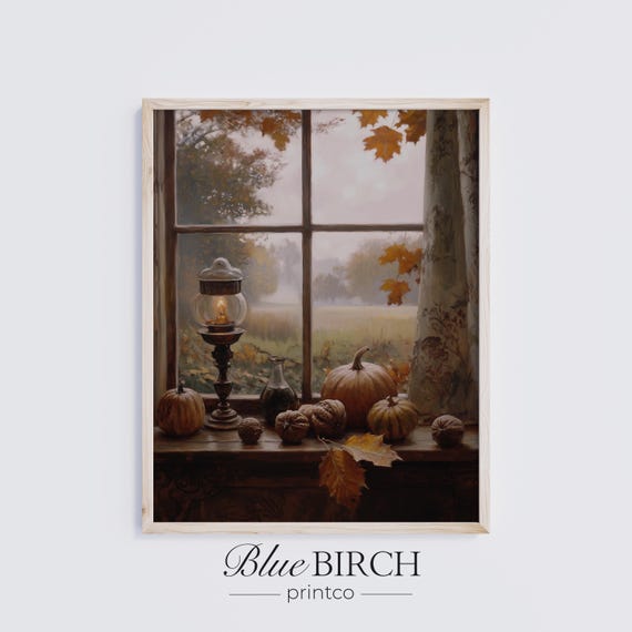 Cozy Autumn Window Still Life Lamp Pumpkins Rustic Fall Decor Poster