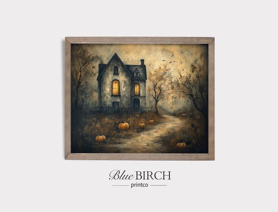 Haunted House On A Winding Path Spooky Moody Painting Dark Autumn Art Bare Trees Bats Pumpkins Halloween Wall Decor 453