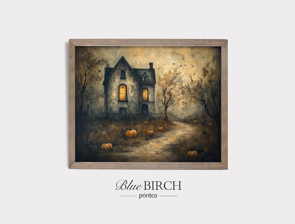 Haunted House On A Winding Path Spooky Moody Painting Dark Autumn Art Bare Trees Bats Pumpkins Halloween Wall Decor 453
