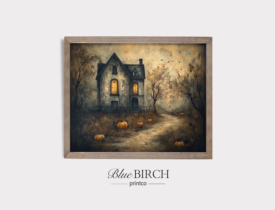 Haunted House with Glowing Windows Pumpkins and Bats Spooky Wall Art