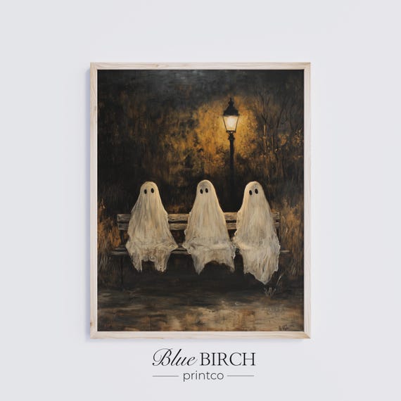 Vintage Halloween Ghosts Painting Wall Art Trio Of Sheet Spooky Night Scene Rustic Autumn Decor Print 64