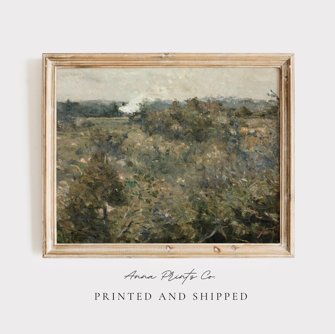 Vintage Green Meadow Landscape, Farmhouse Art Print