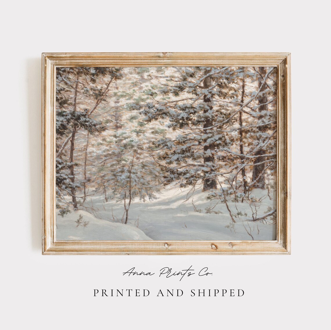 Vintage Snowy Pine Forest Painting Print Winter Woodland Wall Art