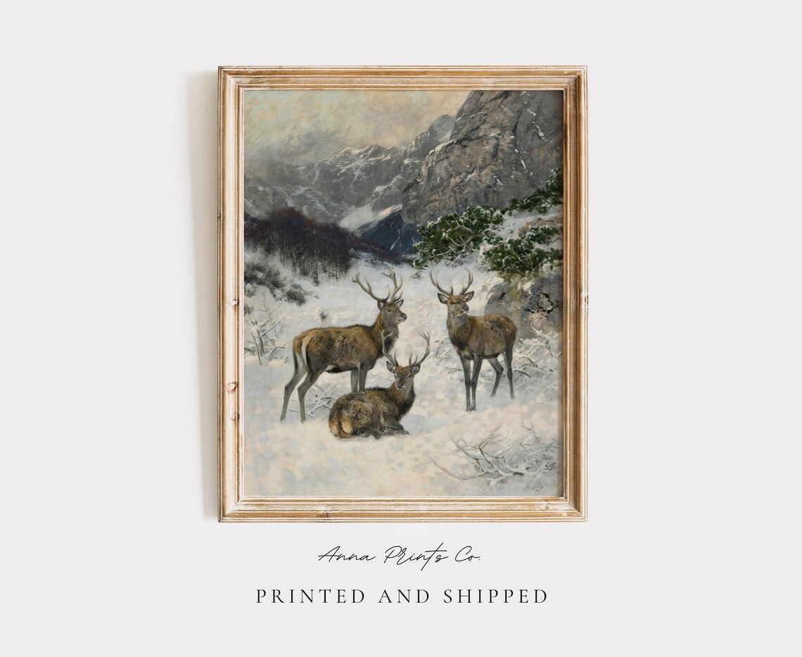 Vintage Reindeer Painting, Rustic Christmas Wall Art