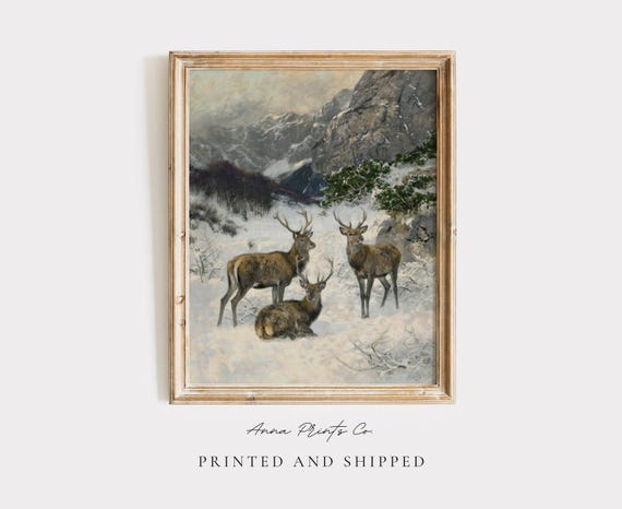 Vintage Reindeer Painting, Rustic Christmas Wall Art