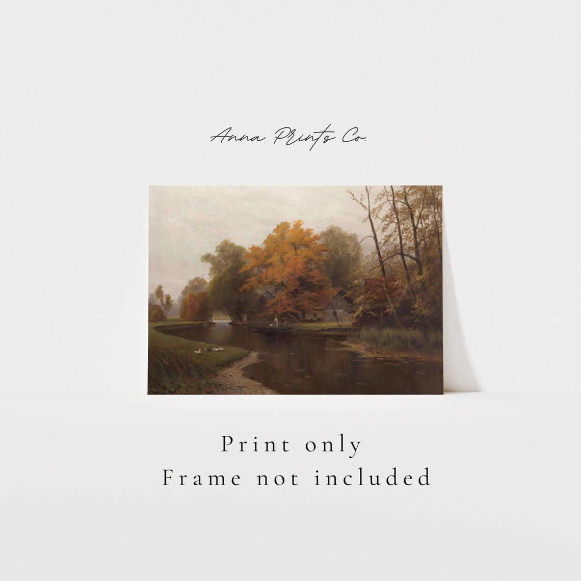Autumn Lake With Cottage Geese And Boat Moody Fall Landscape Print - Image 3