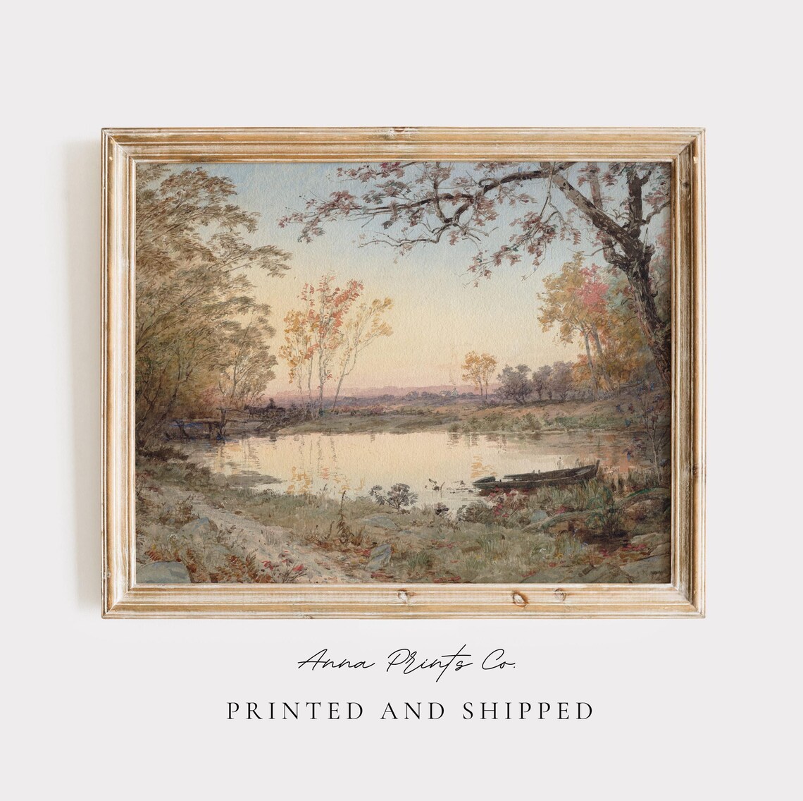 Antique Pond in Autumn Landscape, Vintage Art Print