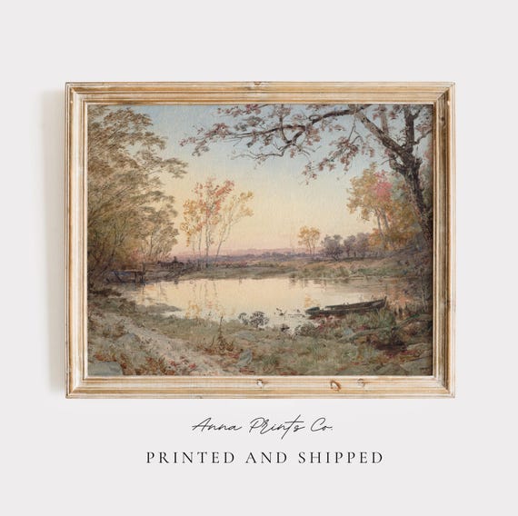 Antique Pond in Autumn Landscape, Vintage Art Print