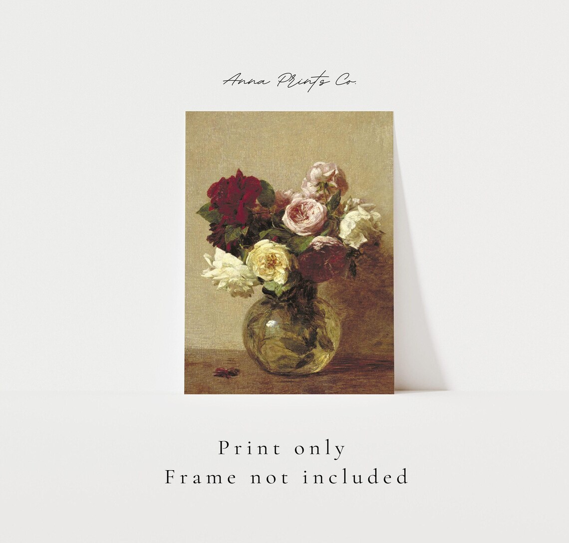 Antique Roses In A Glass Vase Still Life Vintage Floral Wall Print - Image 3