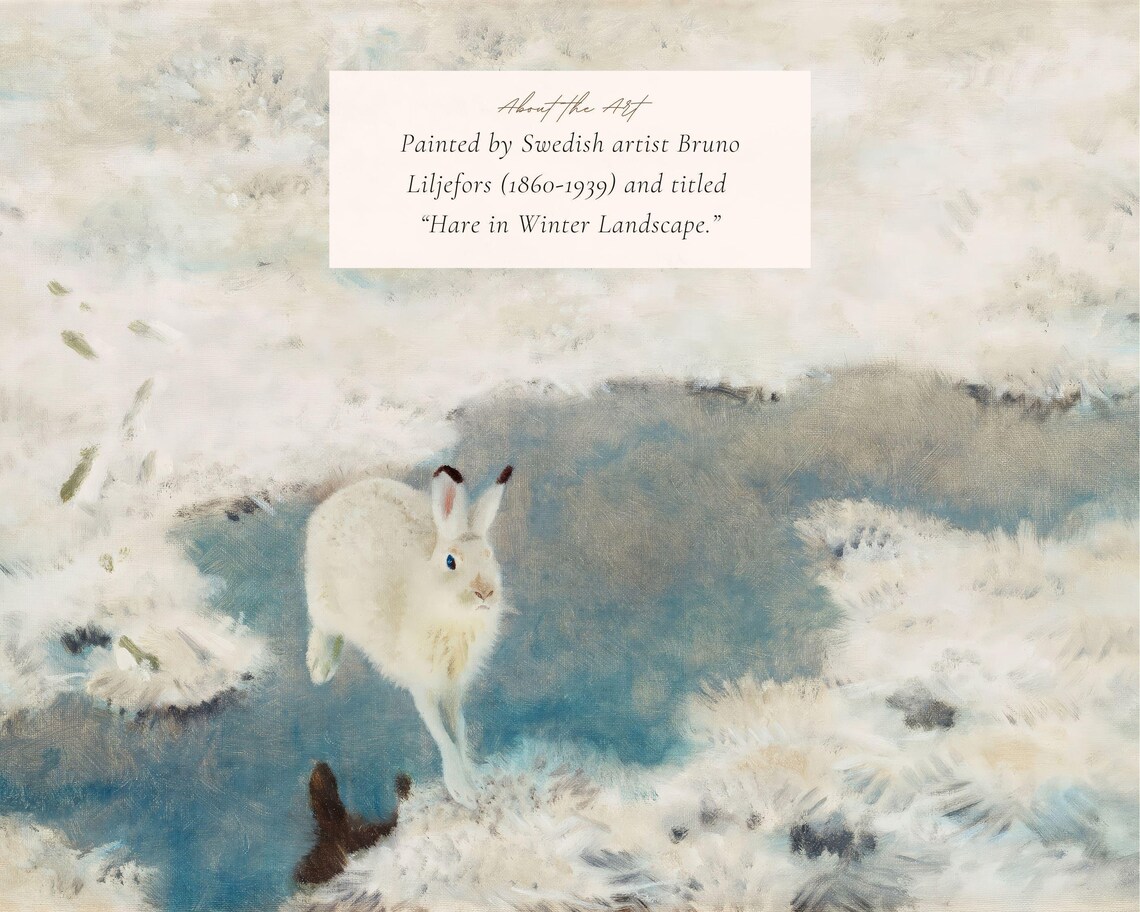 Vintage Hare in a Snowy Landscape Christmas Art Print - Image 2