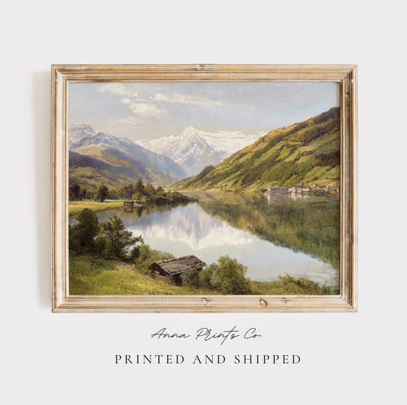 Mountain Lake Landscape, Vintage European Art Print