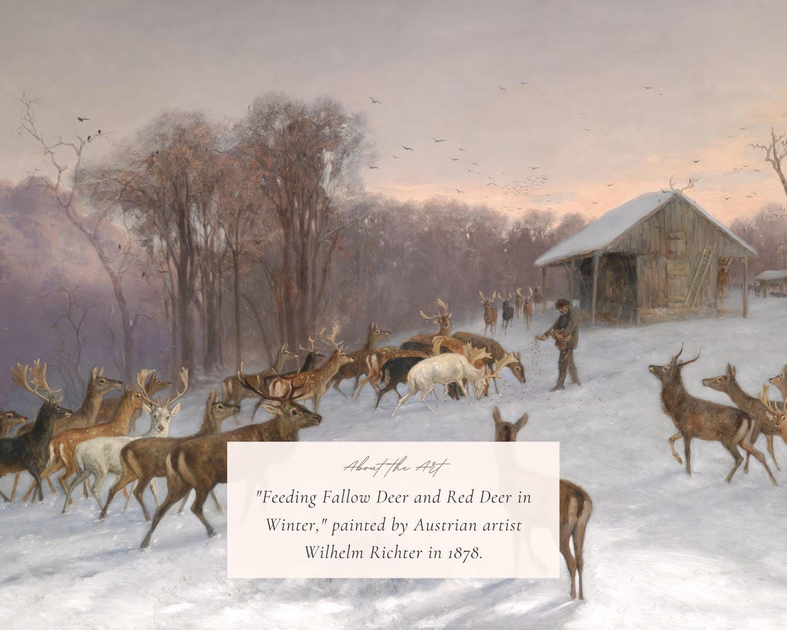 Feeding Deer In The Snow Winter Herd Antique Wildlife Painting Print - Image 2