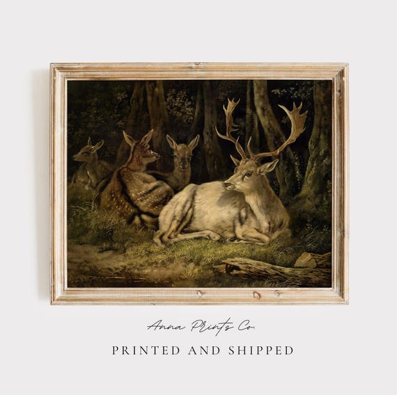 Vintage Deer Painting, Rustic Cabin Art Print