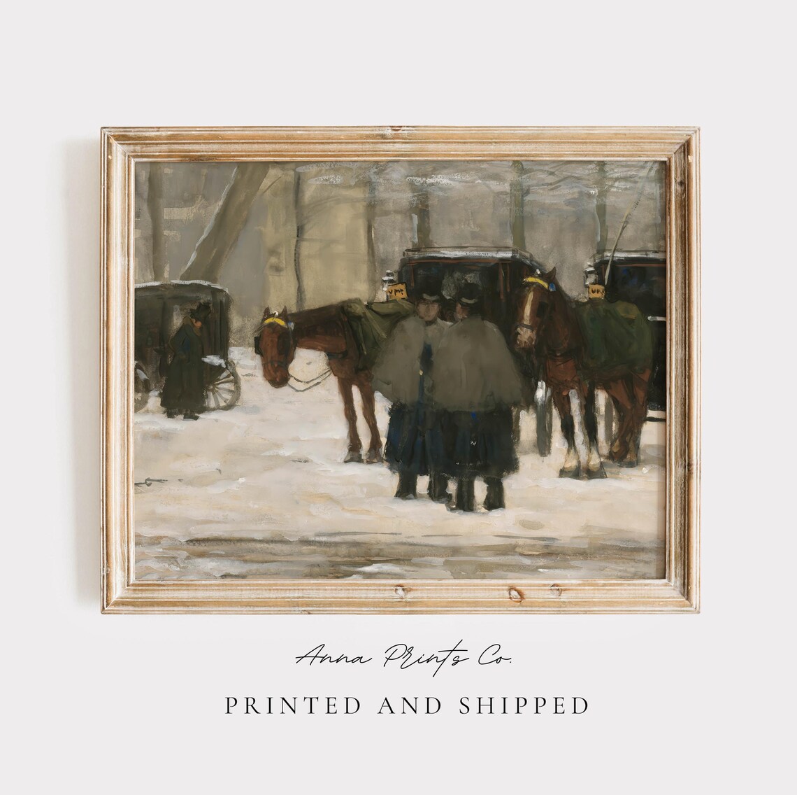 Horse Drawn Carriages Waiting In The Snow Vintage Impressionist Print