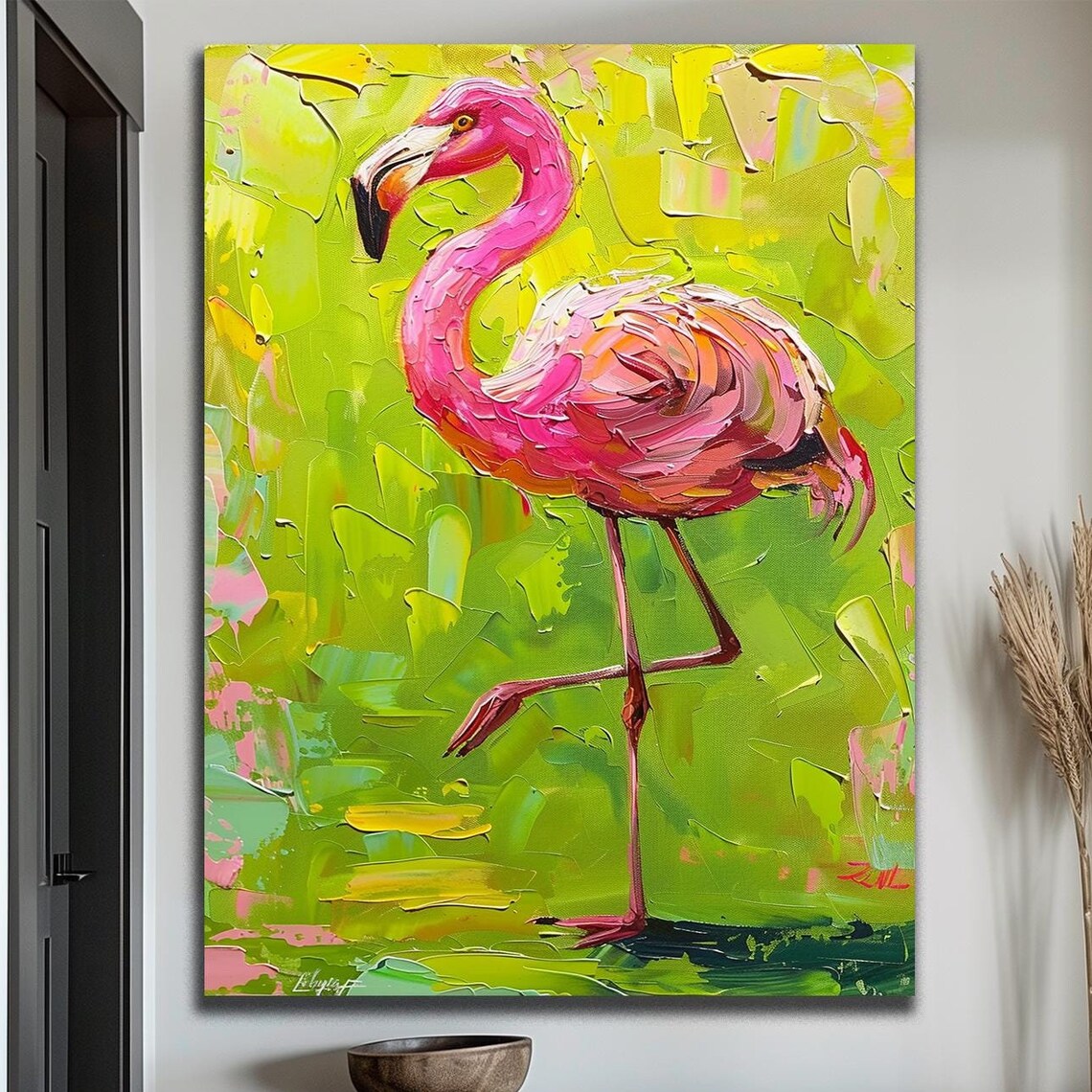 Pink Flamingo Impasto Painting on Lime Green Background Wall Art