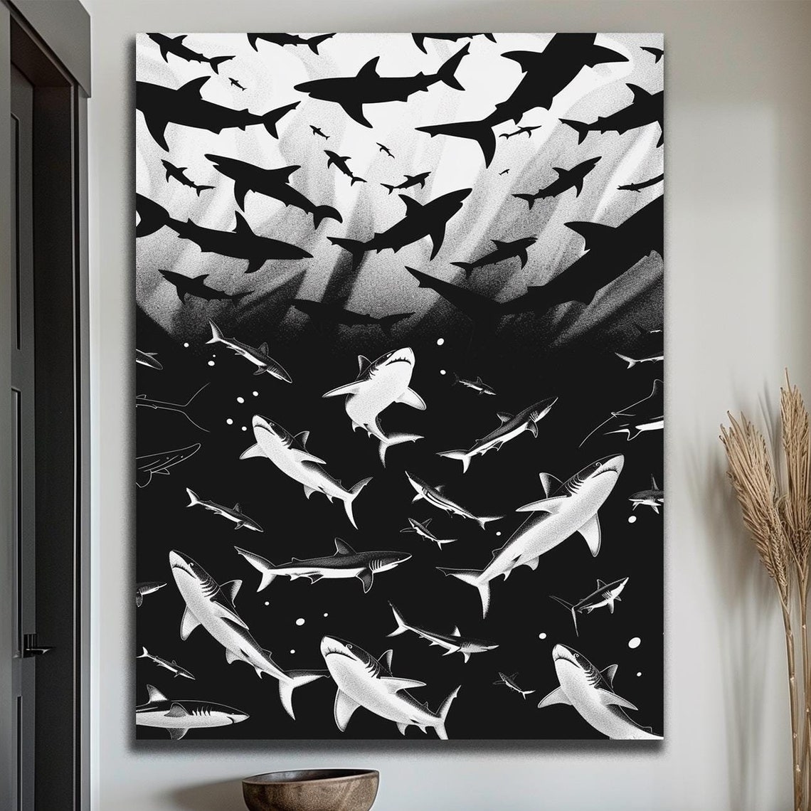 Black and White Shark School Swimming Ocean Monochrome Wall Art - Image 3