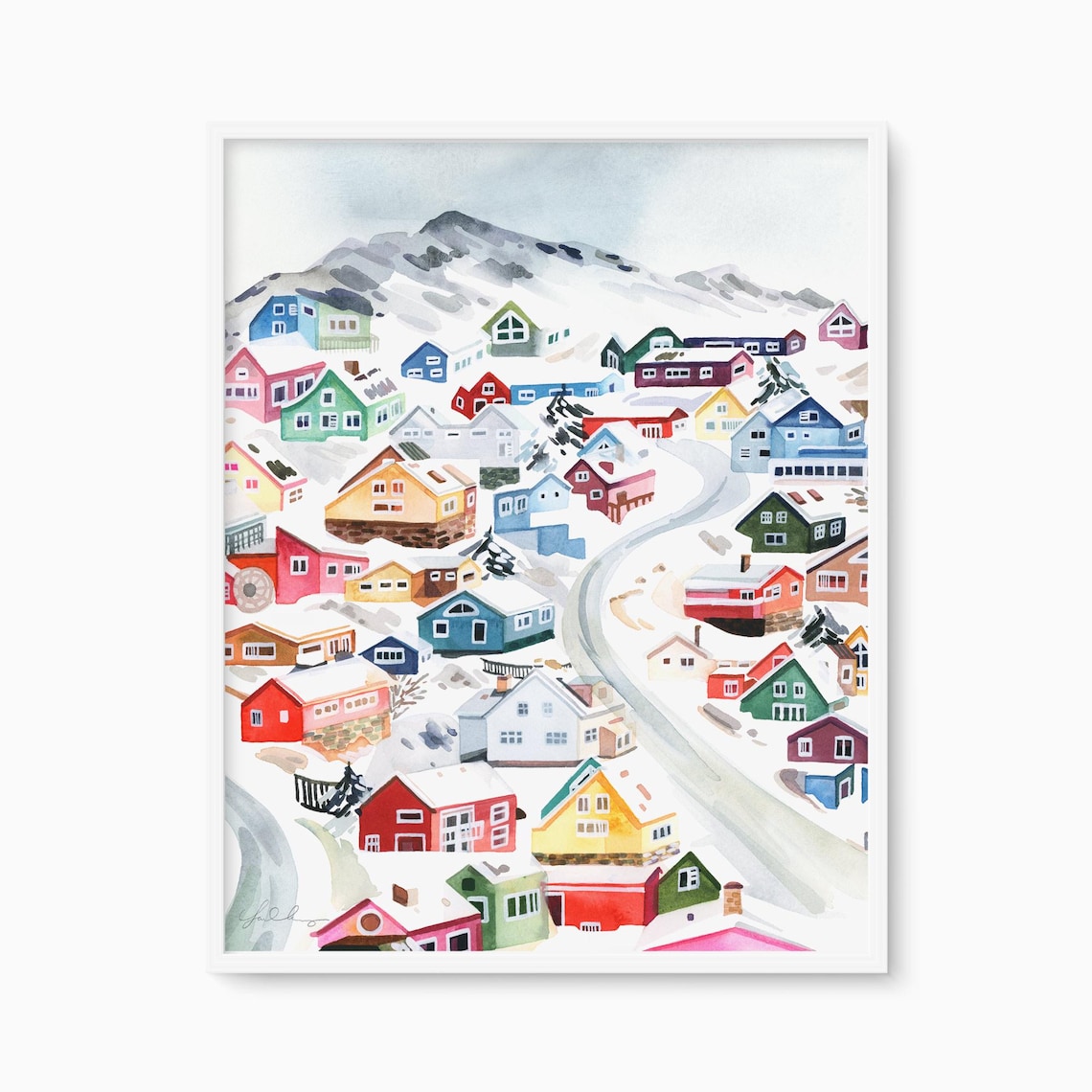Qaqortoq Greenland Winter Snowy Village Watercolor Travel Poster