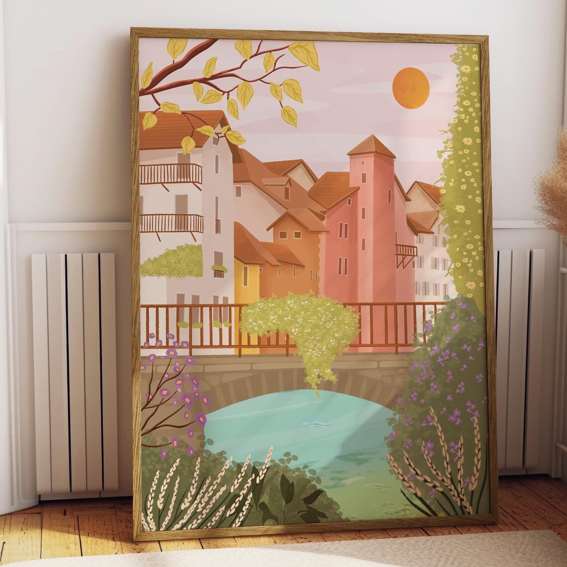 Pastel European Riverside Town Stone Bridge Illustration Wall Art