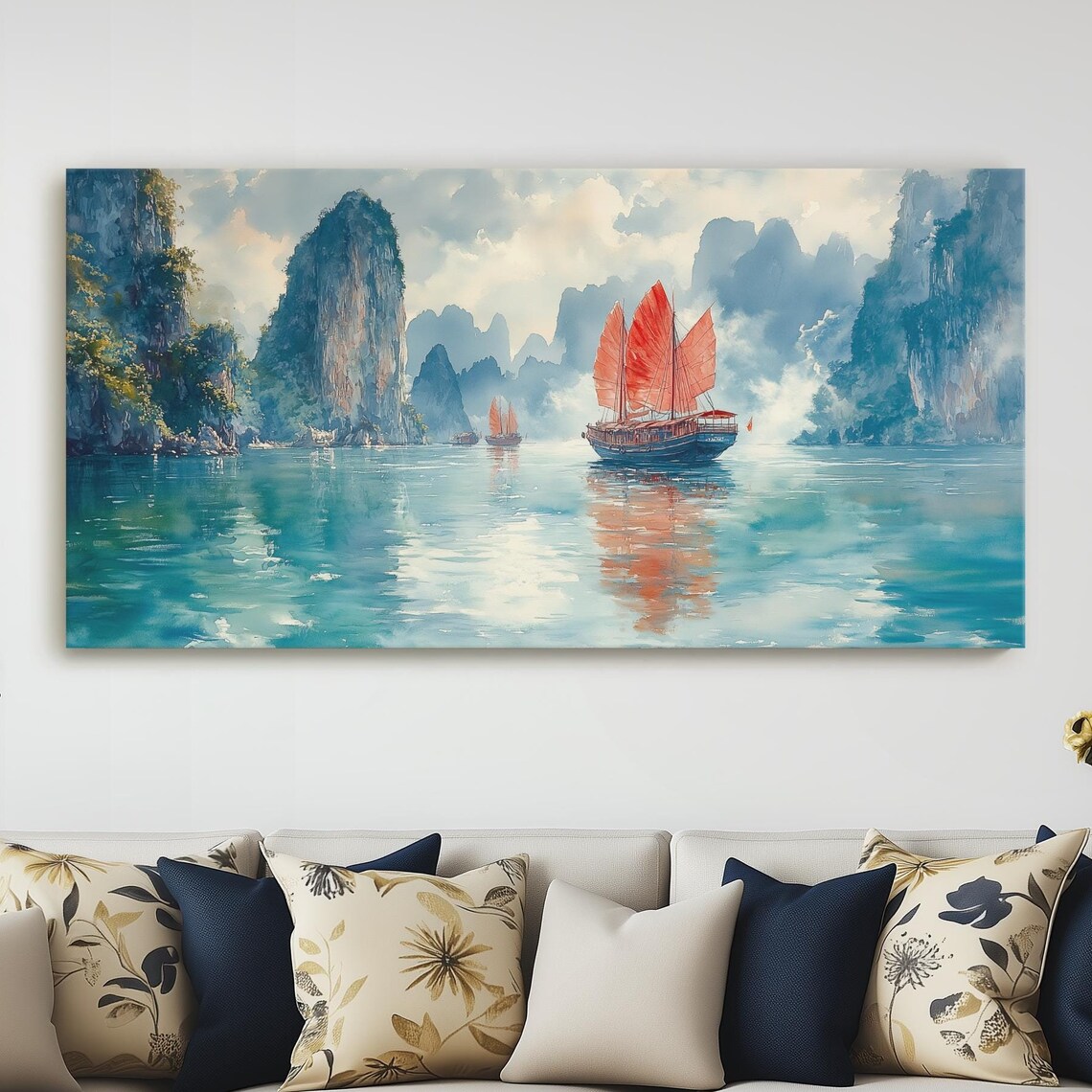 Ha Long Bay Red Sail Junk Boats Limestone Karsts Watercolor Print