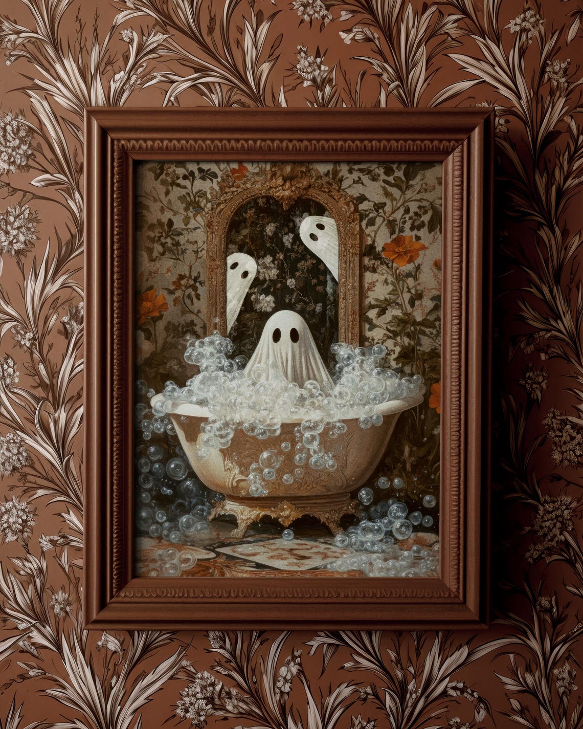 Cute Ghosts Bubble Bath Vintage Floral Cozy Halloween Art Print - Image 2