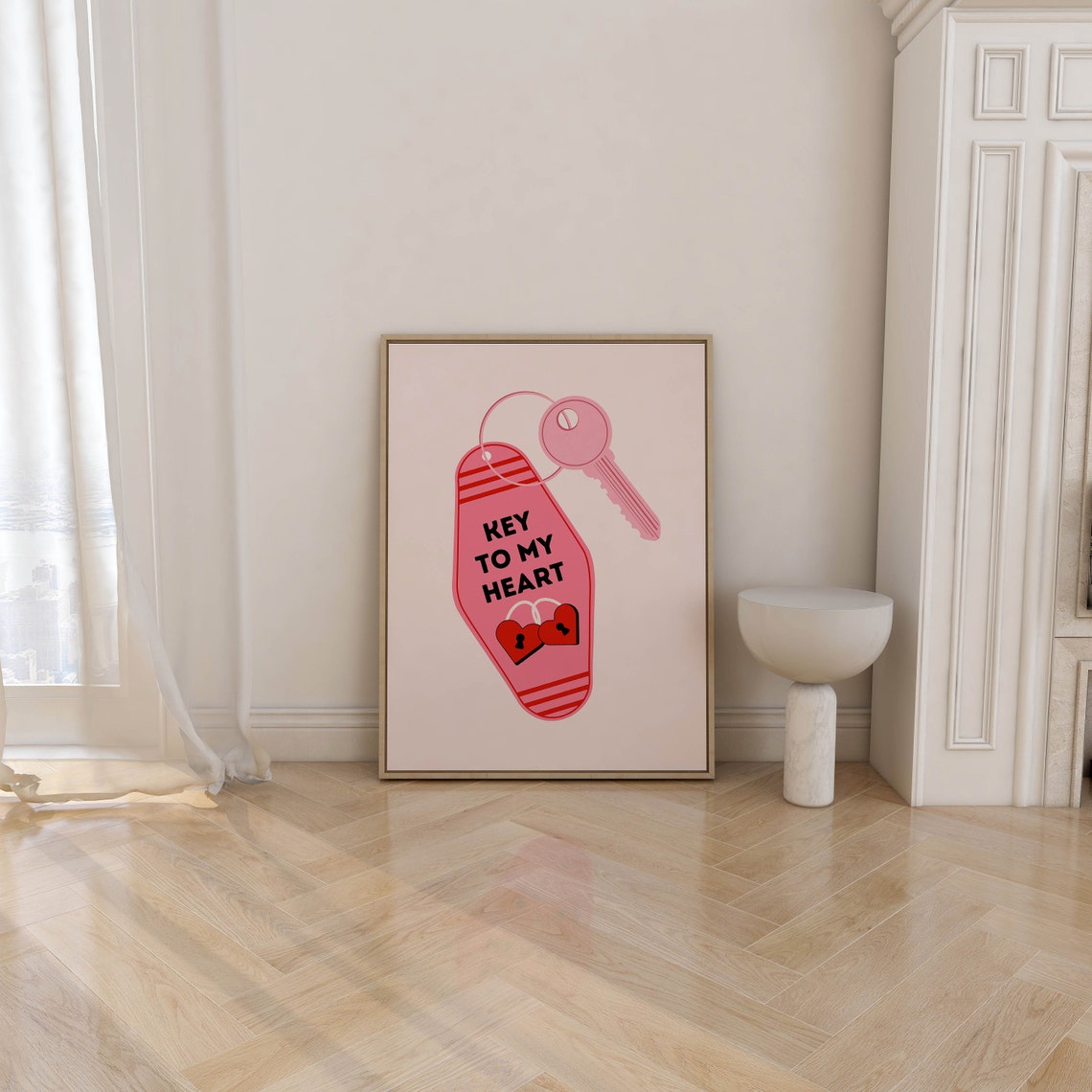 Charming Key to My Heart Pink Retro Motel Keychain Art Poster - Image 2