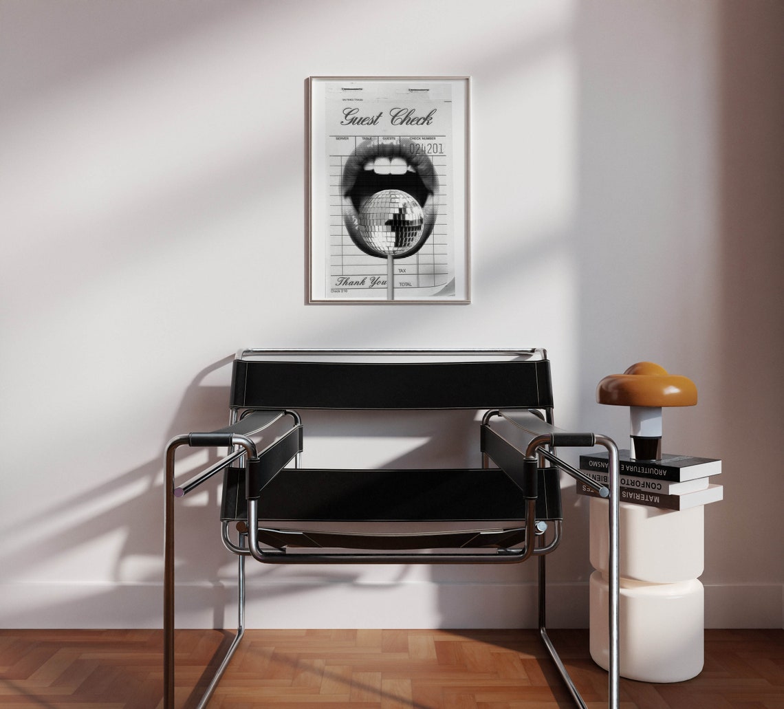 Black and White Disco Ball Mouth on a Vintage Guest Check Poster - Image 2