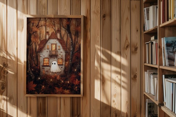 Cute Ghost Before a White Cottage with Red Roof in Fall Poster