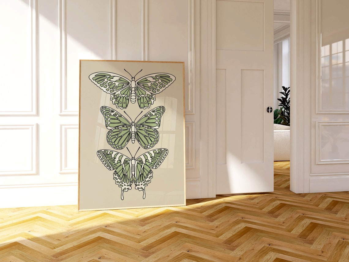 Sage Green Butterfly Stacked Trio Elegant Line Art Decor Poster - Image 2