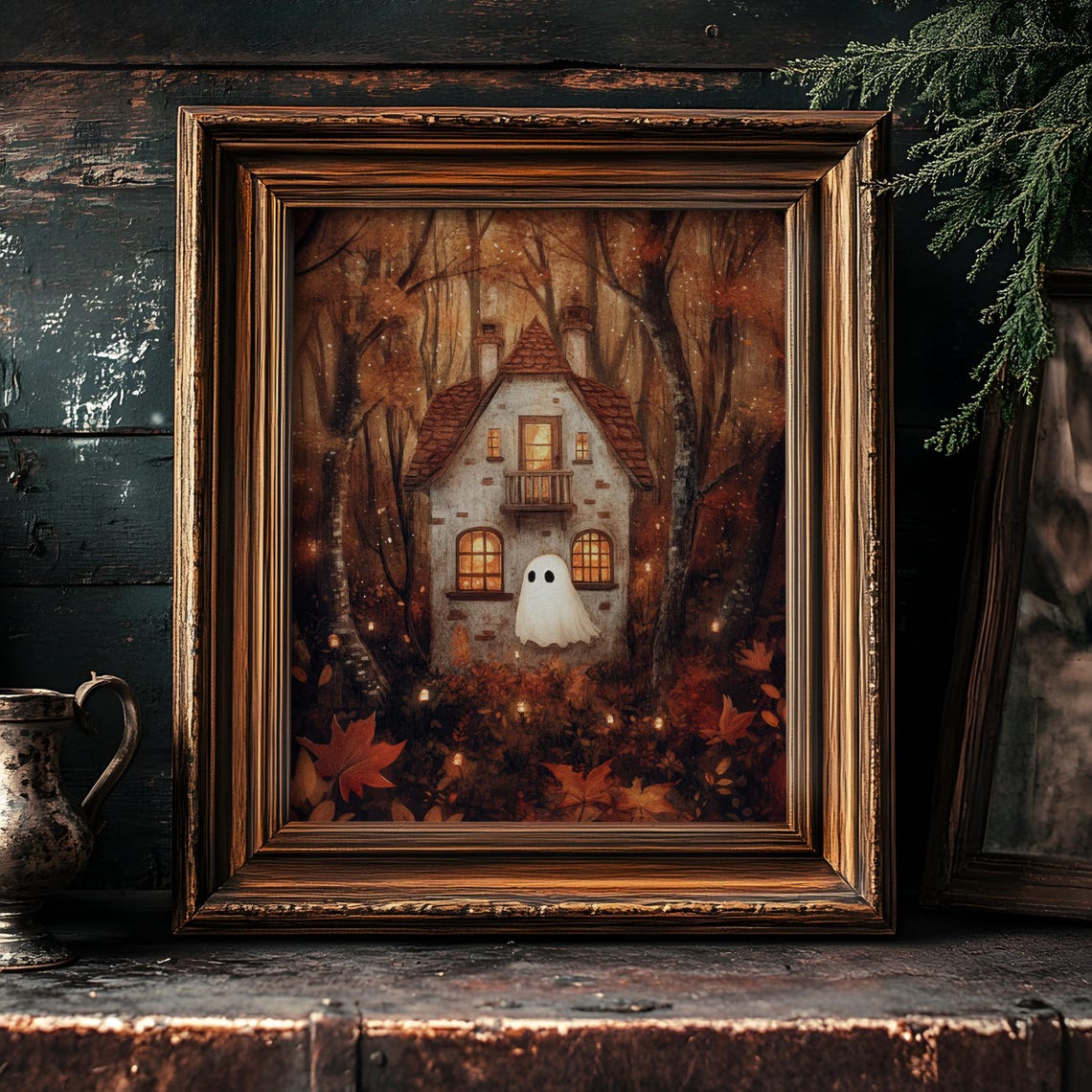 Cute Ghost Before a White Cottage with Red Roof in Fall Poster - Image 2