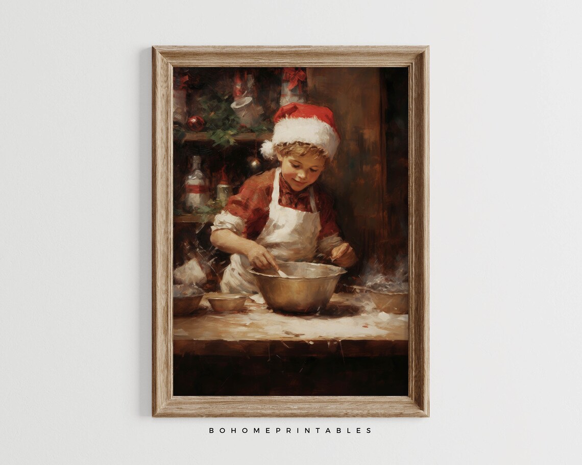 Little Girl Baking Cookies in a Santa Hat Vintage Christmas Art Poster