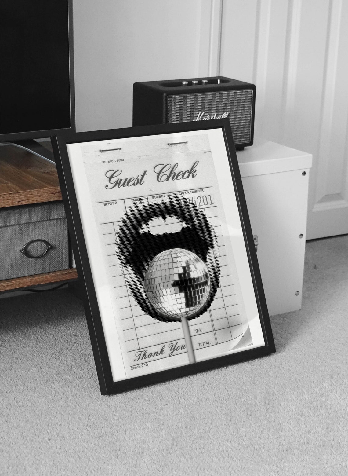 Black and White Disco Ball Mouth on a Vintage Guest Check Poster