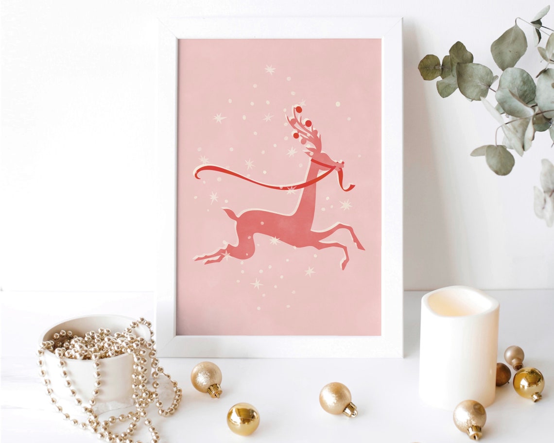 Pink Leaping Reindeer Retro Christmas Holiday Sparkle Poster