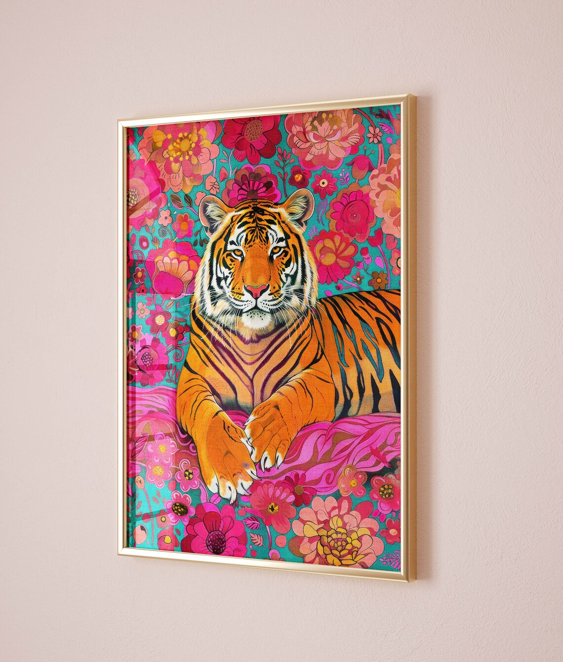 Tiger Floral Print, Maximalist Animal Art