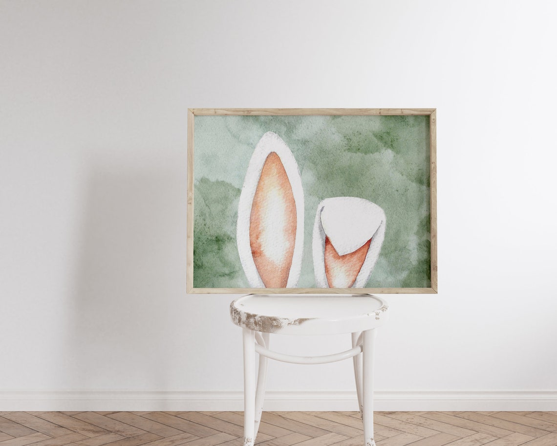 Watercolor Bunny Ears Peeking Sage Green Easter Spring Wall Poster - Image 2